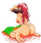  arched_back arms_up ass back backboob bare_arms bare_legs barefoot blue_eyes breasts clothes_removed commentary_request facing_away full_body half-closed_eye hong_meiling koyubi_(littlefinger1988) large_breasts leaning_forward lifted_by_self long_hair no_bra no_pants red_hair scar shirt_lift sideboob simple_background sitting soles solo sweat thong toes topless touhou undressing wariza white_background 