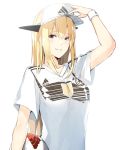  2018_fifa_world_cup adidas alternate_costume ball bangs bismarck_(kantai_collection) blonde_hair blue_eyes breasts commentary germany hair_between_eyes hand_on_headwear hat jersey kantai_collection long_hair meth_(emethmeth) smile soccer soccer_ball soccer_uniform solo sportswear telstar_18 uniform visor_cap world_cup 