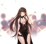  :o alternate_costume arm_ribbon armlet bangs bare_shoulders black_dress blunt_bangs blurry blurry_background blush breasts brown_hair cleavage closed_mouth confetti cowboy_shot cup dress dsr-50_(girls_frontline) earrings floating_hair flying_heart girls_frontline gold hand_up head_tilt highres holding jewelry large_breasts light_particles long_hair looking_at_viewer one_eye_closed red_eyes ribbon ring sidelocks sitting siun skindentation smile solo thighs 