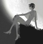  androgynous bangs blunt_bangs commentary greyscale high_heels highres houseki_no_kuni looking_at_viewer monochrome moon phosphophyllite phosphophyllite_(ll) see-through short_hair sitting solo sparkle spoilers stiletto_heels symbol_commentary 