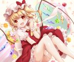  :d arm_up bangs bare_legs between_legs blonde_hair bow candy container cravat cropped_legs crystal eyebrows_visible_through_hair feet_out_of_frame flandre_scarlet food hair_blowing hand_between_legs hat hat_bow knees_up konpeitou looking_at_viewer mob_cap mumu-crown open_mouth petticoat puffy_short_sleeves puffy_sleeves red_eyes red_skirt red_vest shiny shiny_hair shiny_skin shirt short_hair short_sleeves side_ponytail sitting skirt skirt_set smile solo swept_bangs touhou vest white_background white_shirt wings wrist_cuffs yellow_neckwear 