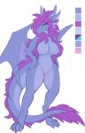  4_toes anthro bedroom_eyes blue_eyes blue_scales blush breasts dragon eyelashes female hair half-closed_eyes horn model_sheet nipples nude oksara pointy_ears purple_hair ruuna_(character) scales seductive simple_background solo thick_tail thick_thighs toes white_background wide_hips wings 