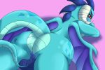  2018 anthro big_butt blue_scales blush butt convenient_censorship dragon eyebrows eyelashes female friendship_is_magic hi_res horn looking_at_viewer looking_back lying mad&#039;n_evil membranous_wings my_little_pony nude on_front pink_background princess_ember_(mlp) red_eyes scales scalie shadow simple_background slit_pupils solo tail_censorship thick_tail thick_thighs wings 