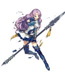  aqua_eyes armor belt breastplate broken broken_armor broken_weapon dress eyebrows_visible_through_hair fire_emblem fire_emblem:_rekka_no_ken fire_emblem_heroes florina full_body highres holding holding_weapon jewelry lance lavender_hair long_hair official_art pauldrons polearm short_dress short_sleeves solo thighhighs torn_clothes transparent_background weapon zaza_(x-can01) zettai_ryouiki 