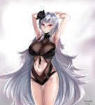  azur_lane blush breasts dated flower graf_zeppelin_(azur_lane) grey_hair hair_flower hair_ornament highres large_breasts long_hair looking_at_viewer navel navel_cutout paundo2 solo swimsuit twitter_username white_background 