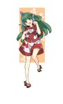  animal_ears cloud_print collared_shirt curly_hair full_body geta green_eyes green_hair haya_taro_pochi horn kariyushi_shirt komano_aun long_hair looking_at_viewer open_mouth paw_pose red_shirt shirt short_sleeves shorts smile solo standing touhou 