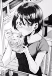  aburaage black_hair blush bowl chair chopsticks drink eating food greyscale highres indoors kitsune_udon mole mole_on_neck monochrome nakajima_ryou noodles original short_hair sitting solo table tray udon 