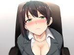 armchair bangs black_hair blush breasts chair cleavage closed_mouth collarbone collared_shirt commentary_request dress_shirt earrings formal green_eyes grey_jacket jacket jewelry large_breasts looking_at_viewer nose_blush office_lady original shinyashiki shirt short_hair solo suit unbuttoned unbuttoned_shirt upper_body white_shirt 