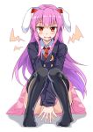  animal_ears ass black_jacket blazer blush bunny_ears commentary covering covering_crotch crescent crescent_moon_pin e.o. eyebrows_visible_through_hair full_body highres jacket knees_up long_hair long_sleeves looking_at_viewer necktie no_shoes parted_lips pink_skirt pleated_skirt purple_hair red_eyes red_neckwear reisen_udongein_inaba shadow simple_background sitting skirt smile solo thighhighs touhou v_arms white_background wing_collar 