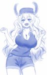  :d baseball_cap blue blush_stickers breasts cleavage cowboy_shot dragon_horns hat heterochromia highres horns kobayashi-san_chi_no_maidragon large_breasts long_hair looking_at_viewer monochrome open_mouth quetzalcoatl_(maidragon) short_shorts shorts simple_background sketch smile solo tank_top viperxtr white_background 