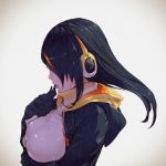  arm_under_breasts black_hair black_jacket breast_hold breasts commentary earmuffs emperor_penguin_(kemono_friends) eyelashes finger_to_mouth from_side hair_over_one_eye hand_up highres hood hood_down hooded_jacket jacket kemono_friends large_breasts lips long_hair multicolored_hair nose open_clothes open_jacket open_mouth orange_hair profile realistic solo straight_hair streaked_hair takami_masahiro turtleneck two-tone_hair upper_body 