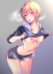  aizawa_chihiro bad_anatomy blonde_hair blush breasts condom condom_in_mouth grey_background idolmaster idolmaster_shiny_colors lifted_by_self looking_at_viewer medium_breasts mouth_hold navel purple_eyes pussy_juice saijou_juri shirt_lift short_hair solo standing steam sweat 