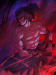  azusa_(hws) black_hair fate/grand_order fate_(series) grin hakama holding holding_sword holding_weapon japanese_clothes katana looking_away male_focus muscle okada_izou_(fate) ponytail profile red_eyes shirtless signature smile solo sword teeth weapon 