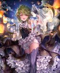  :d black_gloves blue_legwear breasts gloves green_hair grey_gloves holding irua looking_at_viewer open_mouth outdoors pointy_ears purple_eyes see-through shingeki_no_bahamut short_hair_with_long_locks short_shorts shorts sideboob sidelocks sleeveless small_breasts smile solo standing thighhighs white_shorts 