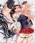  3girls areolae ass bandaid bed_sheet blazer blush breast_sucking breasts breasts_outside collared_shirt danganronpa enoshima_junko erect_nipples highres large_areolae lying medium_breasts mioda_ibuki multiple_girls nipples no_panties on_back on_bed open_clothes pleated_skirt pussy school_uniform serafuku sereneandsilent sideboob skirt smile spread_pussy thighhighs tsumiki_mikan twintails unbuttoned uncensored upside-down yuri 