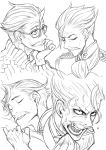  angry ascot closed_eyes facial_hair fate/grand_order fate_(series) glasses graphite_(medium) greyscale honjou_raita james_moriarty_(fate/grand_order) male_focus monochrome multiple_views mustache shouting simple_background sketch sleeping traditional_media white_background 