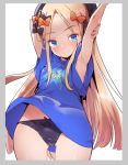  abigail_williams_(fate/grand_order) arm_behind_head armpits arms_up black_panties blonde_hair blue_eyes blue_shirt bow caburi commentary_request fate/grand_order fate_(series) hair_bow hat highres long_hair no_pants panties ribbon shirt smile solo t-shirt underwear wind wind_lift 