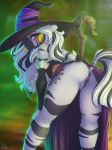  2018 absurd_res anthro anus armwear blush breasts butt clothed clothing cutie_mark digital_media_(artwork) dimwitdog equine female friendship_is_magic gold_(metal) hair hat hi_res long_hair looking_at_viewer mammal multicolored_hair my_little_pony presenting pussy signature solo staff two_tone_hair witch_hat zebra zecora_(mlp) 