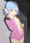  beads blue_eyes blue_hair blush breasts commentary_request eyebrows_visible_through_hair hair_beads hair_ornament head_fins highres hood hood_down hoodie naked_hoodie navel open_clothes open_hoodie original parted_lips short_hair small_breasts solo takunomi 