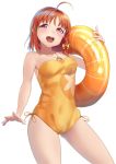  absurdres ahoge braid casual_one-piece_swimsuit clover_hair_ornament cowboy_shot hair_ornament highres innertube love_live! love_live!_sunshine!! one-piece_swimsuit open_mouth orange_hair orange_swimsuit qwyte red_eyes ribbon round_teeth see-through short_hair side_braid simple_background solo swimsuit takami_chika teeth upper_teeth white_background yellow_ribbon 