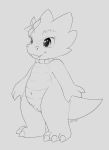  breasts claws clitoris cute_fangs eyelashes featureless_breasts female flat_chested flower jewelry kobold monochrome navel necklace plant pussy scalie semi-anthro simple_background sketch slightly_chubby slimefur smile solo standing 