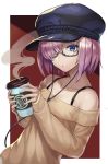  :o absurdres alternate_costume bare_shoulders beppu_mitsunaka bespectacled black-framed_eyewear black_hair black_hat bra_strap cabbie_hat cable casual coffee_cup collarbone commentary_request cup disposable_cup earphones fate/grand_order fate_(series) glasses hair_over_one_eye hat highres holding holding_cup long_sleeves looking_at_viewer mash_kyrielight off-shoulder_sweater off_shoulder open_mouth outside_border purple_eyes semi-rimless_eyewear shiny shiny_hair shoes short_hair sleeves_past_wrists solo steam sweater two-handed two-tone_background under-rim_eyewear yellow_sweater 