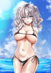  :d arms_behind_back bangs bare_shoulders bikini bird black_bikini blue_eyes blue_sky blush breasts cloud collarbone commentary_request cowboy_shot dated day eyebrows_visible_through_hair hair_between_eyes head_tilt highres kantai_collection kashima_(kantai_collection) large_breasts long_hair looking_at_viewer micro_bikini nakura_haru navel ocean open_mouth outdoors shiny shiny_skin side-tie_bikini sidelocks signature silver_hair skindentation sky smile solo stomach sun swimsuit tsurime twintails wavy_hair 