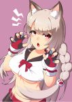  animal_ears asymmetrical_hair azur_lane bangs belt_buckle black_skirt blue_nails blunt_bangs bow bowtie braid breasts buckle claw_pose crop_top crop_top_overhang fang fingerless_gloves fingernails gao gloves grey_hair groin long_fingernails long_hair looking_at_viewer midriff miniskirt multicolored multicolored_nails nail_polish open_mouth paw_hair_ornament pink_background pleated_skirt puffy_short_sleeves puffy_sleeves red_eyes red_nails red_neckwear sharp_fingernails shoggoth_329 short_eyebrows short_sleeves simple_background skirt slit_pupils solo thick_eyebrows underboob upper_body v-shaped_eyebrows very_long_hair yuudachi_(azur_lane) 