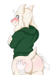  2018 anthro asriel_dreemurr big_butt blush boss_monster bottomless butt caprine claws clothed clothing disembodied_hand fur goat green_eyes hoodie horn looking_back looking_surprised male mammal seniorseasalt signature simple_background sweat thick_thighs undertale video_games white_background white_fur wide_eyed 