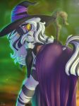  2018 absurd_res anthro armwear blush clothed clothing digital_media_(artwork) dimwitdog equine female friendship_is_magic gold_(metal) hair hat hi_res long_hair looking_at_viewer mammal multicolored_hair my_little_pony presenting signature solo staff two_tone_hair witch_hat zebra zecora_(mlp) 