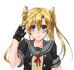  abukuma_(kantai_collection) black_gloves blonde_hair blue_eyes blush byeontae_jagga double_bun gloves graphite_(medium) hair_between_eyes hair_rings highres kantai_collection long_hair looking_at_viewer partly_fingerless_gloves remodel_(kantai_collection) school_uniform serafuku short_sleeves solo traditional_media twintails upper_body white_background 