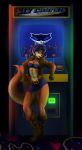  2018 anthro arcade arcade_machine astraldog blue_hair boots breasts canine carmelita_fox clothed clothing collar dipstick_ears ear_piercing female footwear fox fur hair lipstick makeup mammal midriff navel orange_fur piercing skirt sly_cooper_(series) video_games 