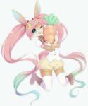  2018 anthro blue_hair blush boots carrot clothed clothing female flower food footwear green_hair hair hi_res lagomorph legwear looking_at_viewer mammal multicolored_hair one_eye_closed open_mouth pastelletta pigtails pink_hair pink_nose plant rabbit shirt shorts simple_background smile solo stockings vegetable white_background 