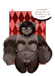  2017 alpha_channel anthro areola balls breasts brown_eyes brown_fur brown_hair collar cyrus_physhor dialogue dickgirl english_text erection eyewear fur glasses hair humanoid_penis intersex inverted_nipples kneeling mammal nipples nude open_mouth penis procyonid raccoon sathy slightly_chubby solo speech_bubble text 