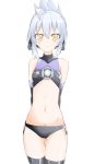  1girl android arms_behind_back elbow_gloves female midriff niwaka_potato original silver_hair simple_background solo standing white_background white_pupils yellow_eyes 