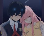  1girl bandaged_arm bandages bandaid bandaid_on_face bangs black_hair blue_horns closed_eyes commentary couple darling_in_the_franxx english_commentary hetero hiro_(darling_in_the_franxx) horns leslove-draws long_hair military military_uniform necktie night night_sky nightgown oni_horns pink_hair red_horns red_neckwear signature sky star star_(sky) starry_sky uniform zero_two_(darling_in_the_franxx) 