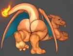  2018 3_toes ambiguous_gender big_butt blush butt charizard claws feral fire grey_background leaned_over looking_back nintendo orange_skin pok&eacute;mon pok&eacute;mon_(species) presenting scalie seniorseasalt simple_background smile solo sweat toes tongue tongue_out video_games wings 
