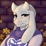  2018 anthro boss_monster breasts brick_wall caprine clothed clothing detailed_background female flower fur goat horn looking_at_viewer mammal plant seniorseasalt signature smile solo toriel undertale video_games white_fur yellow_eyes 