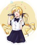  blonde_hair chaos;head closed_eyes hair_ribbon highres long_hair microphone music orihara_kozue ribbon rotte_(1109) school_uniform singing skirt solo twintails 