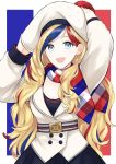  :d beret black_skirt blonde_hair blue_eyes blue_hair buttons commandant_teste_(kantai_collection) commentary flag_background french_flag hat jacket kantai_collection long_hair long_sleeves morinaga_miki multicolored multicolored_clothes multicolored_hair multicolored_scarf open_mouth pleated_skirt pom_pom_(clothes) red_hair scarf skirt smile solo streaked_hair white_hair white_hat white_jacket 