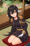  :d aiguillette arm_support azur_lane bangs belt black_hair blush breasts buttons carp collarbone commentary_request double-breasted epaulettes eyebrows_visible_through_hair gloves gold_trim hair_between_eyes hair_tie hand_on_own_thigh head_tilt highres horns indoors kinokorec kneehighs large_breasts long_hair long_sleeves looking_at_viewer medium_breasts mikasa_(azur_lane) military military_uniform open_mouth sakuramon seiza shirt sidelocks simple_background sitting skirt sliding_doors smile solo tatami thighs tied_hair uniform veranda white_background white_gloves white_shirt 