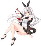  ;q anniversary arm_ribbon bangs bare_shoulders black_jacket black_ribbon blouse blush bow bowtie breasts cleavage closed_mouth commentary_request eyebrows_visible_through_hair five-seven_(girls_frontline) five-seven_(gun) floating_hair full_body girls_frontline gun hair_ornament hair_ribbon handgun holding holding_gun holding_weapon jacket jewelry juna large_breasts long_hair looking_at_viewer miniskirt neck_ribbon off_shoulder one_eye_closed pleated_skirt ponytail red_ribbon ribbon sidelocks silver_hair simple_background sitting skindentation skirt sleeveless_blouse smile solo thigh_strap tongue tongue_out trigger_discipline very_long_hair weapon white_background yellow_eyes 