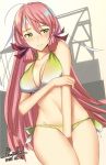  ahoge akashi_(kantai_collection) artist_name between_legs bikini blush breasts cleavage collarbone cowboy_shot crane dated embarrassed green_bikini green_eyes hair_between_eyes hand_between_legs hand_on_own_arm kantai_collection large_breasts long_hair looking_at_viewer pallad pink_hair rigging side-tie_bikini simple_background solo standing swimsuit very_long_hair white_background white_headband 