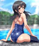  :d alternate_costume arm_support ass bangs bare_arms bare_shoulders black_hair blue_sky blue_swimsuit blush breasts cloud commentary_request competition_school_swimsuit crack day eyebrows_visible_through_hair fence floating_hair from_behind hair_ornament hairclip hand_on_own_thigh highres kantai_collection large_breasts long_hair looking_at_viewer looking_back one-piece_swimsuit open_mouth outdoors oyashio_(kantai_collection) poolside school_swimsuit shoulder_blades sidelocks sky smile solo swimsuit wet zanntetu 