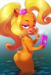  &lt;3 &lt;3_eyes absurd_res bandicoot born-to-die butt cellphone coco_bandicoot crash_bandicoot(series) crash_bandicoot_(series) female flat_chested flower green_eyes hair hi_res mammal marsupial nipples nude phone plant solo video_games young 