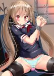  ahoge bdsm black_serafuku blush bondage bound brown_hair chain chained_wrists clenched_hands cuffs eyebrows_visible_through_hair kantai_collection long_hair looking_at_viewer mokufuu murasame_(kantai_collection) no_pants panties red_eyes sailor_collar school_uniform serafuku shackles short_sleeves solo spread_legs translation_request twintails underwear vibrator 