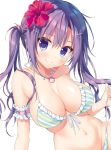  arm_garter bikini bikini_pull blue_eyes blush breasts character_request cleavage collarbone copyright_request flower front-tie_top hair_flower hair_ornament hairclip hibiscus large_breasts long_hair looking_at_viewer navel purple_hair ryouka_(suzuya) shell_necklace simple_background smile solo swimsuit untied_bikini_bottom white_background 