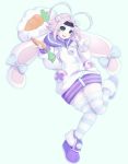  + 2018 anthro bag big_ears blush bow carrot clothing female floppy_ears food footwear green_eyes hair headband hi_res lagomorph legwear long_ears looking_at_viewer mammal open_mouth pastelletta pink_hair rabbit shoes short_hair simple_background smile solo stockings sweater vegetable white_background 