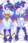  2018 avian big_breasts blue_eyes blue_hair blue_lips blue_skin blush breasts butt claws cleavage clothed clothing dakimakura_design female hair harpy hi_res hoodie lips long_hair looking_at_viewer multicolored_hair pastelletta pointy_ears purple_hair red_eyes solo talons thick_thighs two_tone_hair wings 