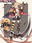 androgynous azur_lane bat blonde_hair breasts cape cleveland_(azur_lane) fang fangs halloween halloween_costume hat kkkula_(kula) mismatched_legwear one_side_up pointy_ears ponytail pumpkin red_eyes scythe small_breasts thighhighs top_hat 